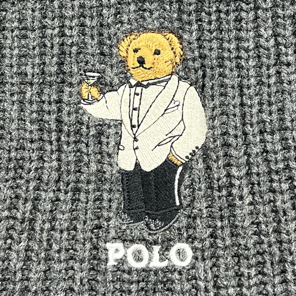 Polo Ralph Lauren Scarf Mens OS Gray Fancy Martini Bear Wool Cotton Knit Ribbed - Picture 2 of 7